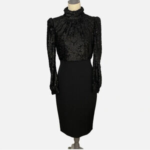 Badgley Mischka Mock Neck Midi Sheath Dress NWT Black Gold Long Sleeve Zip Sz 4